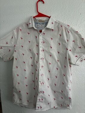 Denim & Flower White Short-Sleeve Button-Down with Pink Flamingo Print
